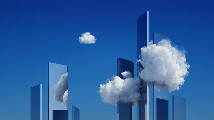 Wall Mural - 3d render, abstract modern minimal cityscape background, mirror skyscrapers under the blue sky with white clouds