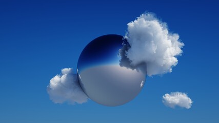 Wall Mural - 3d render, abstract modern minimal background with white clouds and chrome metallic mirror ball in the blue sky