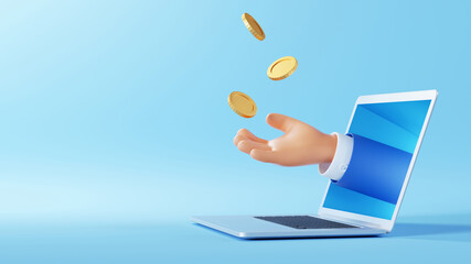 3d illustration. Cartoon character hand sticking out the laptop screen, throws up golden coins to the air. Internet commerce profit clip art isolated on blue background. Financial application