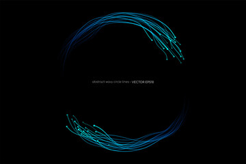 Poster - Abstract wavy dynamic blue light lines circle swirl round frame isolated on black background in concept technology, neural network, neurology, science, music.