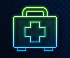 Poster - Glowing neon line First aid kit icon isolated on blue background. Medical box with cross. Medical equipment for emergency. Healthcare concept. Vector