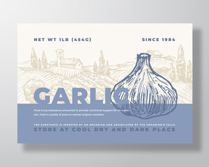 Wall Mural - Garlic Label Template. Abstract Vector Packaging Design Layout. Modern Typography Banner with Hand Drawn Vegetables and Rural Landscape Background. Isolated