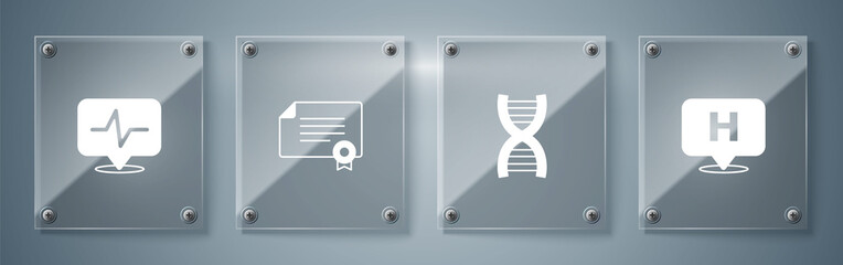 Poster - Set Location hospital, DNA symbol, Certificate template and Heart rate. Square glass panels. Vector