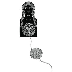 Bust of antique goddess or ancient Greek woman with round spiral maze or labyrinth symbol as her heart and a yearn thread leading to it. Ariadne thread. Creative concept. Black and white silhouette.