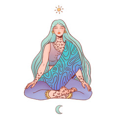 Wall Mural - Beautiful lady meditating. Raster illustration.