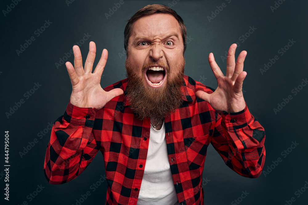 Angry and disappointed handsome bearded man in checkered shirt swearing ...
