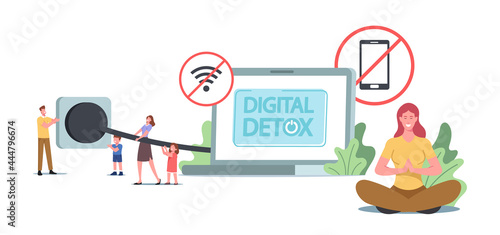 Digital Detox Concept. Tiny Characters Disconnect Huge Laptop Plug and ...