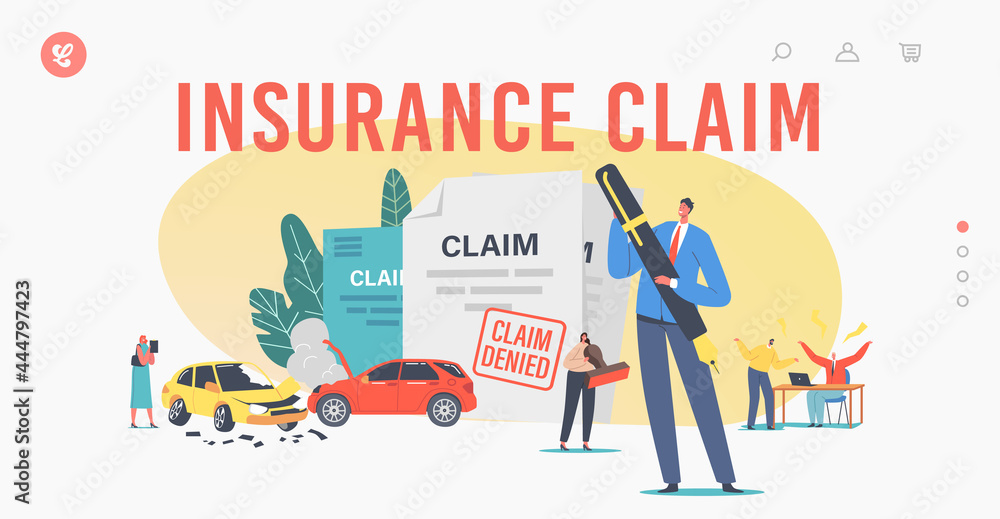 Characters Claim Insurance Landing Page Template. Male or Female Characters Dispute with Agents for Denied Policy Paper - obrazy, fototapety, plakaty 