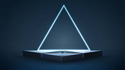 empty blue triangular podiums with neon triangular frame on dark background