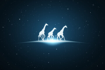 Sticker - Giraffe family. Endangered animal silhouette. Starry sky, glowing outline