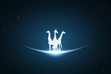 Sticker - Three giraffes. Endangered animal silhouette. Starry sky, glowing outline
