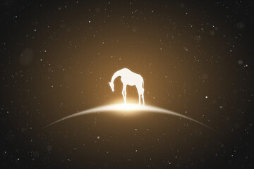 Sticker - Lonely giraffe. Endangered animal silhouette. Starry sky, glowing outline