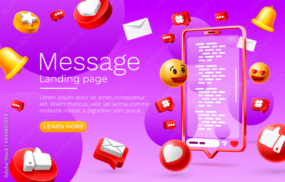 Message with many icons, chat for communication of people, landing page. Vector - obrazy, fototapety, plakaty 