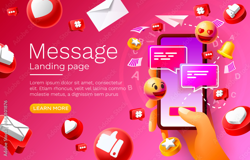 Message with many icons, chat for communication of people, landing page. Vector - obrazy, fototapety, plakaty 