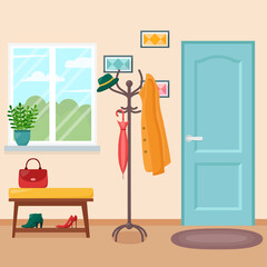 Home hallway interior with door, vector illustration