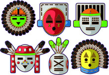 Ancient Art Based In Kachina Dolls Faces Gods Of Hopi Native American Culture Over White Background. Vector Set