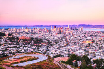 Wall Mural - San Francisco Skyline View from Twin Peaks with Vivid Warm Sky Colors, California