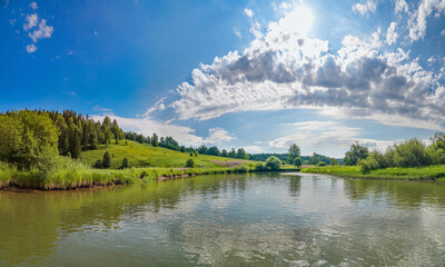 Wall Mural - Summer panoramic landscape with wildflowers and trees on a wide meadow, a winding river and a forest in the distance, clouds in the blue sky.