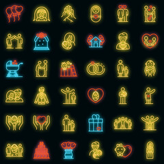 Sticker - Family moments icons set. Outline set of family moments vector icons neon color on black