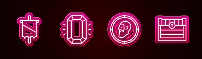 Sticker - Set line Medieval flag, Diamond, Ancient coin and Antique treasure chest. Glowing neon icon. Vector