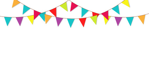 Party flag garland. Bunting for birthday and fair. Colorful triangle flag for carnival isolated on white background. Bright bunting hanging on string for festive. Illustration for celebration. Vector