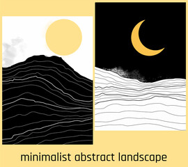 collection of 2 landscape, night and day, black white and gold