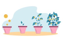 Phased Growth Of A Money Tree From Gold Coins In A Pot. Business Investment And Income Growth Concept. Saving And Increasing Money. Vector Flat Illustration. 