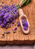 Fototapeta  - Bunch of Lavender flowers on wooden board