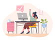Completed task concept. Woman sitting at a desk in the office and is happy about the completion of the project. Businesswoman at her workplace. Cartoon flat vector illustration on a white background