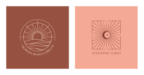 Wall Mural - set of vector linear boho emblems.bohemian logo designs with sea,moon,sun and sunburst.modern celest