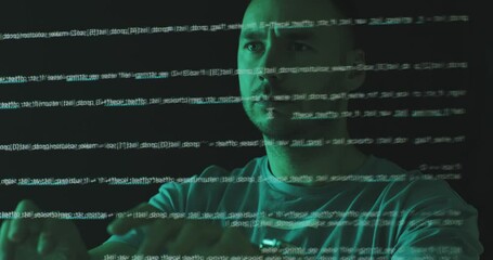 Male programmer working, typing, coding, analyzing data with innovation screen technology. Hacker Crime