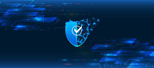 Fototapete - Internet security concept with shield and hi-tech technology elements background. Cyber Security and information or network protection.