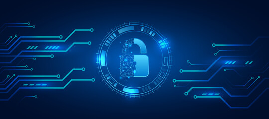 Fototapete - Protection from virus attack. Global antivirus secure system. Abstract blue background with various technology elements. Futuristic padlock vector illustration. Cyber attack protection.