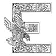 Hand drawn of aphabet letter E for eagle in zentangle style
