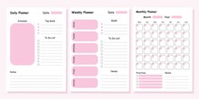Modern Collection Of Daily Weekly Monthly Planner Printable Template With Pink Ellements. Collection Of Note Paper, To Do List, Stickers Templates. Blank White Notebook Page A4