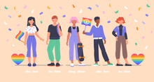 LGBTQI Social Movement Concept. Diverse Multiethinic Young People Protest Or Participate In A Demonstration, Defending Interests And Rights Of Minorities. Flat Cartoon Vector Illustration