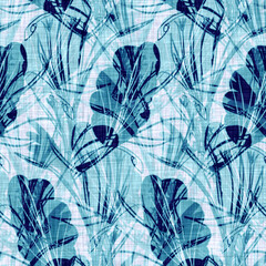 Wall Mural - Cyanotypes blue white botanical linen texture. Faux photographic leaf sun print effect for trendy out of focus fashion swatch. Mono print foliage in 2 tone color. High resolution repeat tile. 