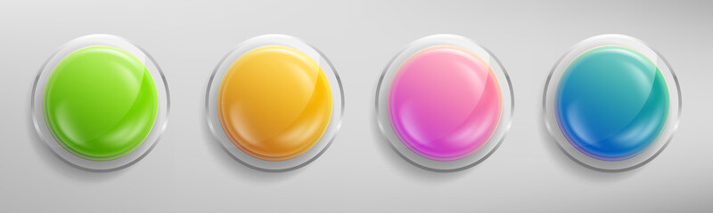 Realistic glass spheres set with silver frame. Transparent glossy 3d buttons collection with glares and shadow isolated on gray background. Beautiful round banners with highlights. Vector EPS10