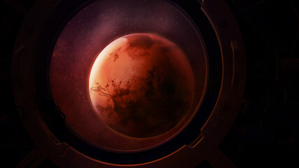 Wall Mural - Planet Mars from the round spacecraft porthole.