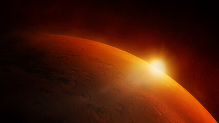 Wall Mural - Close-up of the red planet Mars with sun glare.