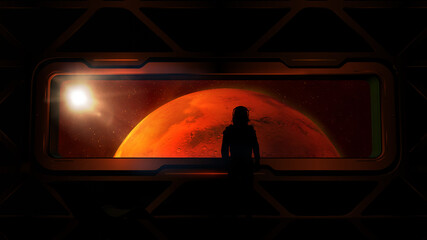 Wall Mural - Astronaut at the porthole of a ship approaching Mars.