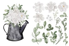 Assortment Of Watercolor Leaves With Gardenia White Flower
