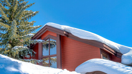 Pano Snowy home exterior and evergreen tree against blue sky on a sunny winter day