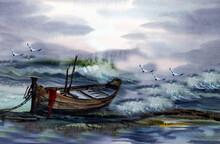 Art Painting Hand Drawn WaterColor Sea Wave Boat Birds