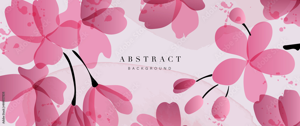 Abstract art flower background vector. Luxury minimal style wallpaper with golden line art floral and botanical leaves, Tulip, rose, Spring growing flowers and Organic shapes watercolor.  - obrazy, fototapety, plakaty 