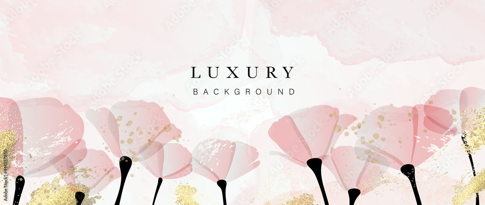 Abstract art flower background vector. Luxury minimal style wallpaper with golden line art floral and botanical leaves, Tulip, rose, Spring growing flowers and Organic shapes watercolor.  - obrazy, fototapety, plakaty 