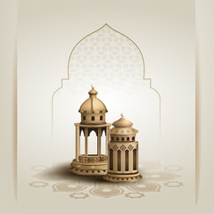 islamic greetings ramadan kareem card design with beautiful golden lanterns