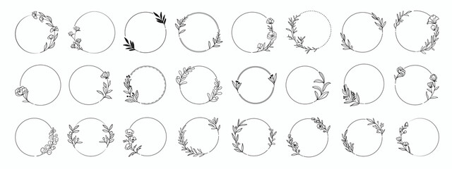 Laurels frames branches with circle borders vector collection. Vintage floral wreaths with leaves , flower, herb, swirls, ornate. Decorative elements for logo, wedding invitation, banner, packaging