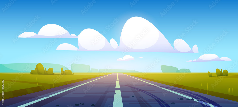 Car road in fields with green grass and forest on horizon. Vector cartoon illustration of summer countryside landscape with meadows, clouds in blue sky and highway with tire tracks on asphalt - obrazy, fototapety, plakaty 