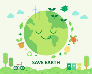 Environmental protection poster decorated with environmental icons around a smiling globe. flat design style minimal vector illustration.
